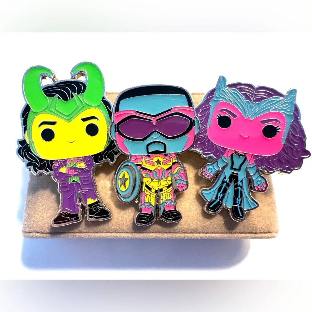 Lot of 3 Disney/Marvel Superhero Neon Pins Loki, Captain America & Wandavision